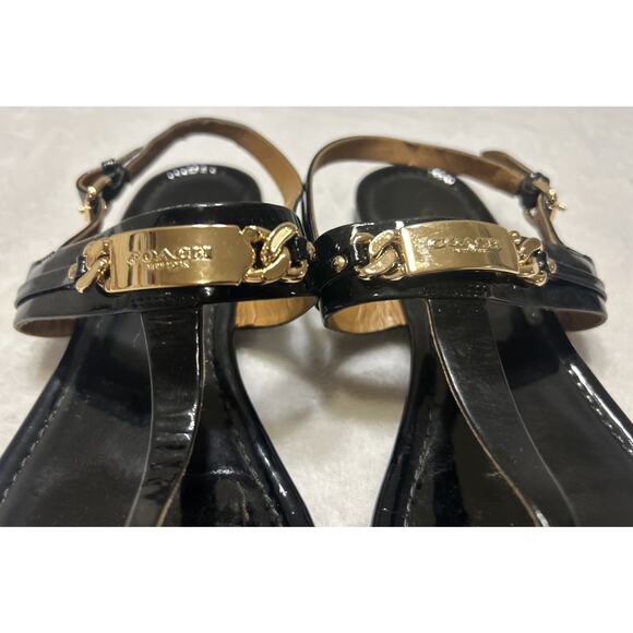 COACH Sandals Flats 9 B Caterine Black Patent Leather T-Strap Thong Sling Back - Picture 2 of 9